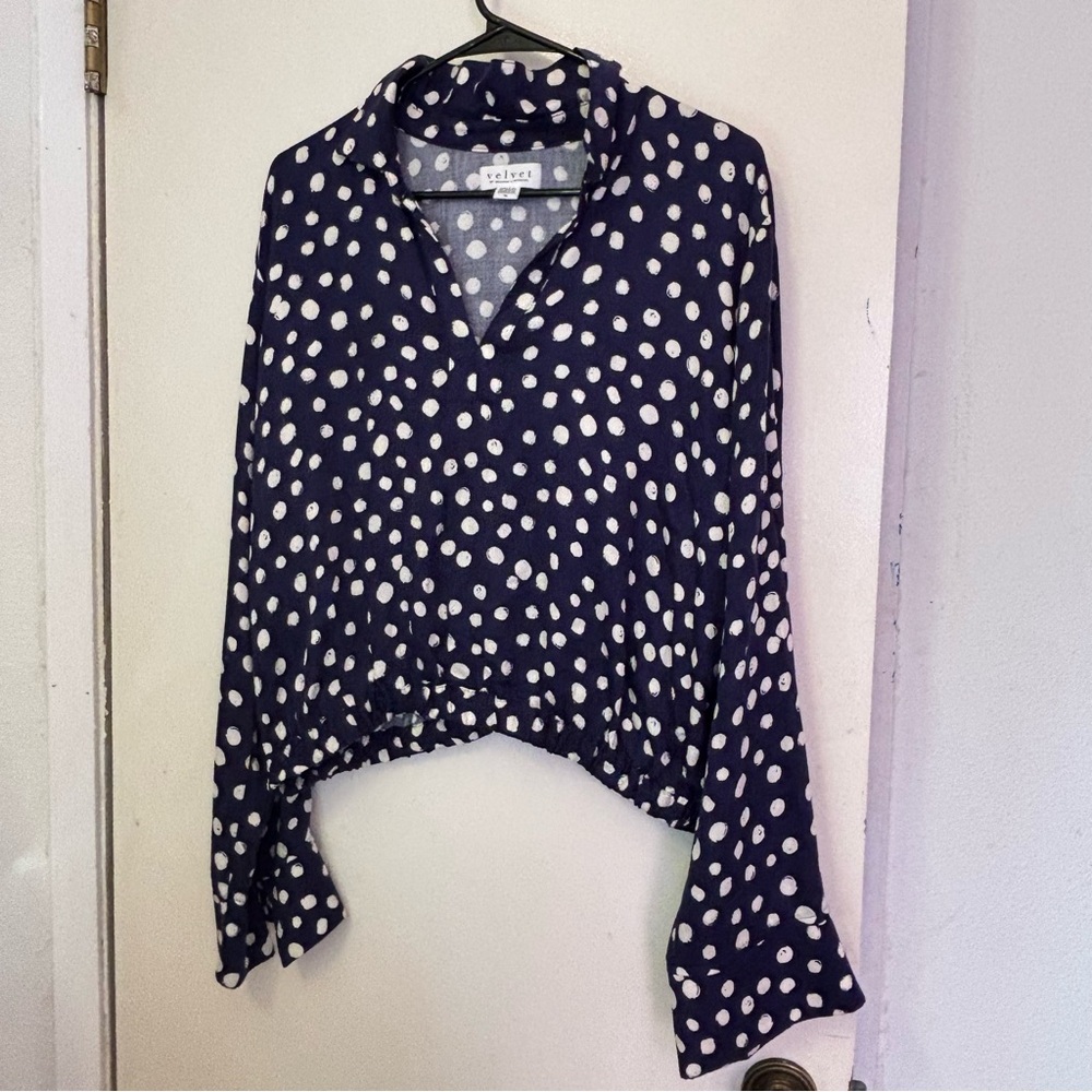 Velvet Navy and White Polka Dot Blouse